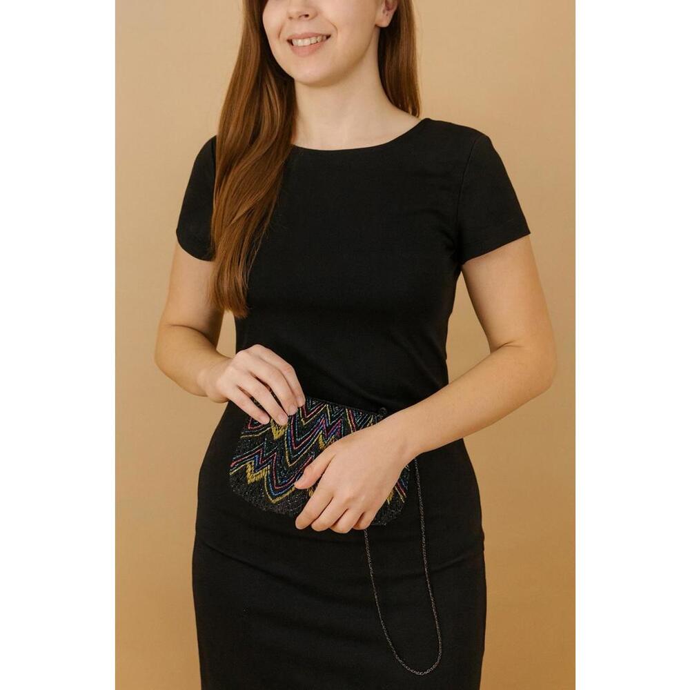 André Cellini Vintage 1980s Beaded Chevron Clutch With Metal Strap , 9x6”